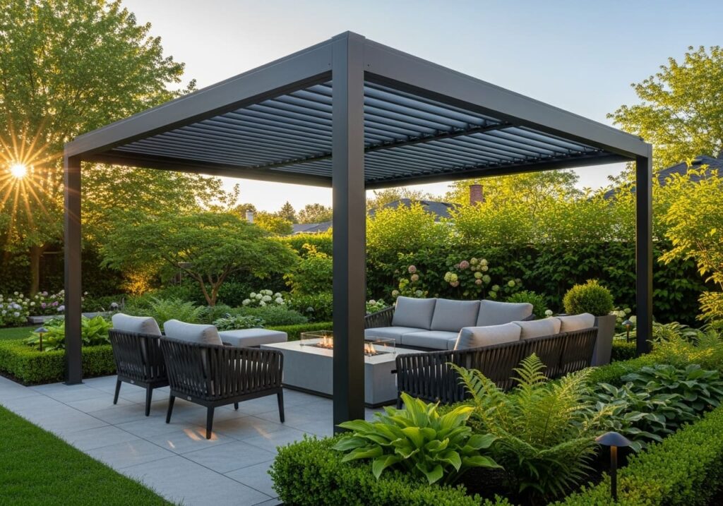 terrasse jardin au coucher du soleil